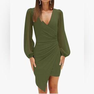 Women's Wrap V Neck Bodycon Mini Dress Puff Long Sleeve Ruched Asymmetrical C34